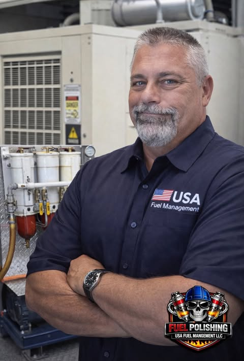 Ken Deas in a USA Fuel Management shirt beside fuel filtration equipment